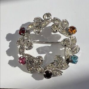 Vintage Eisenberg christmas Crystal Leaf Brooch in Silver and Multi-Color